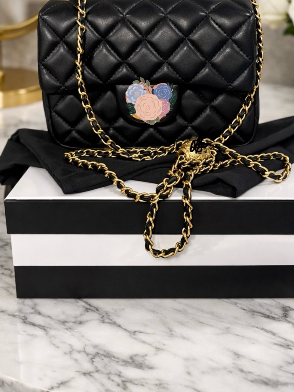 Black Quilted Chain Crossbody Bag - Gold Hardware